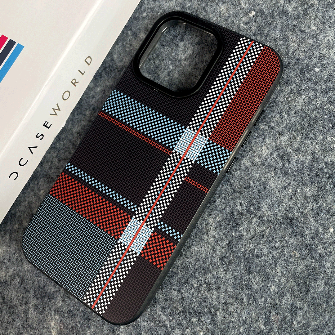 BlueRed Matrix Case – Sleek Check & Vertical Lines on Black