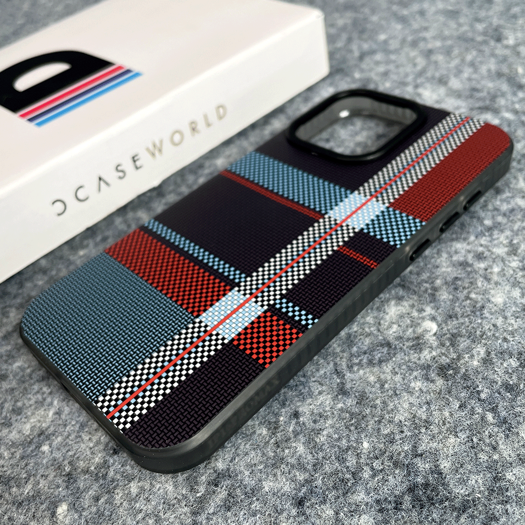 BlueRed Matrix Case – Sleek Check & Vertical Lines on Black