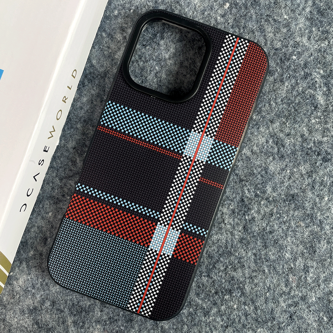 BlueRed Matrix Case – Sleek Check & Vertical Lines on Black