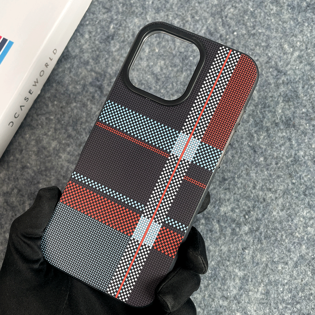 BlueRed Matrix Case – Sleek Check & Vertical Lines on Black