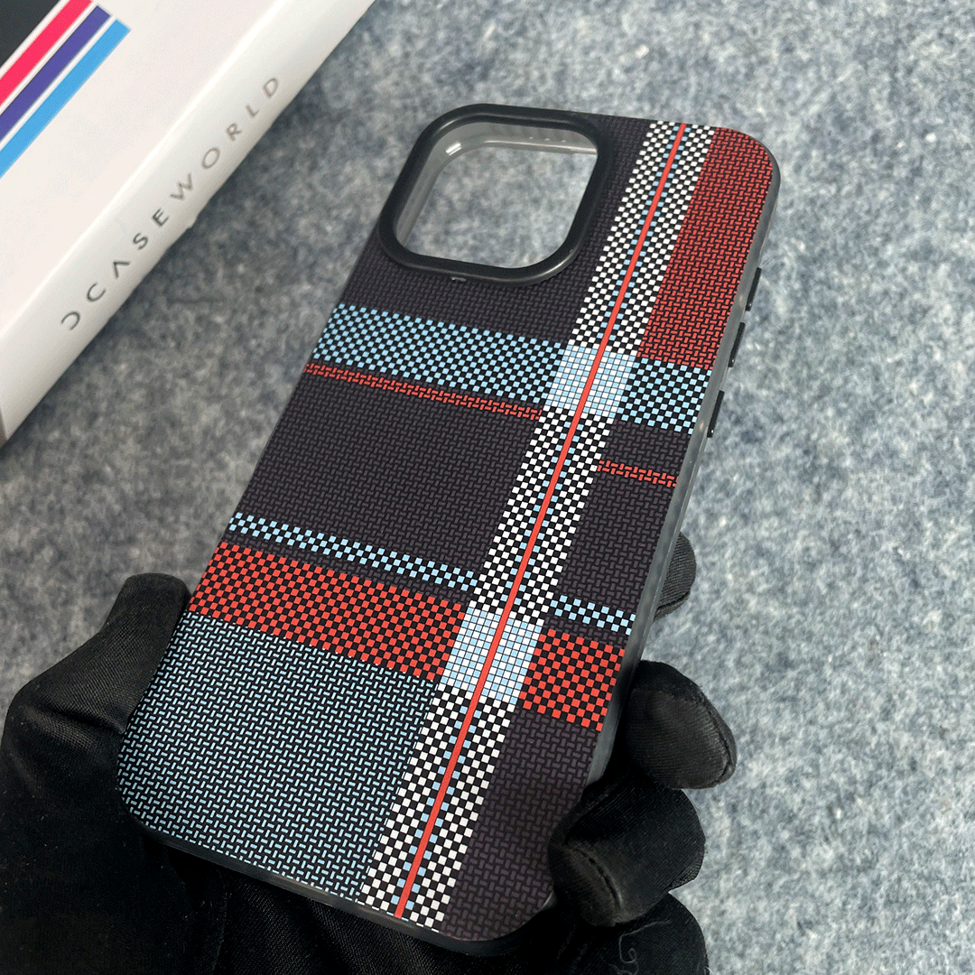 BlueRed Matrix Case – Sleek Check & Vertical Lines on Black
