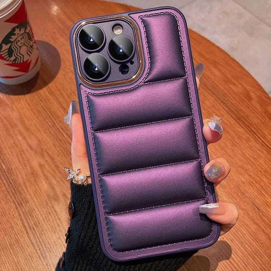 Deep Purple Puff Case with Golden Metal Camera Ring and Lens Glass