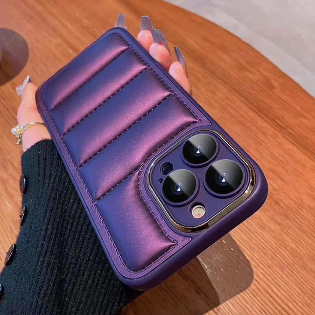 Deep Purple Puff Case with Golden Metal Camera Ring and Lens Glass