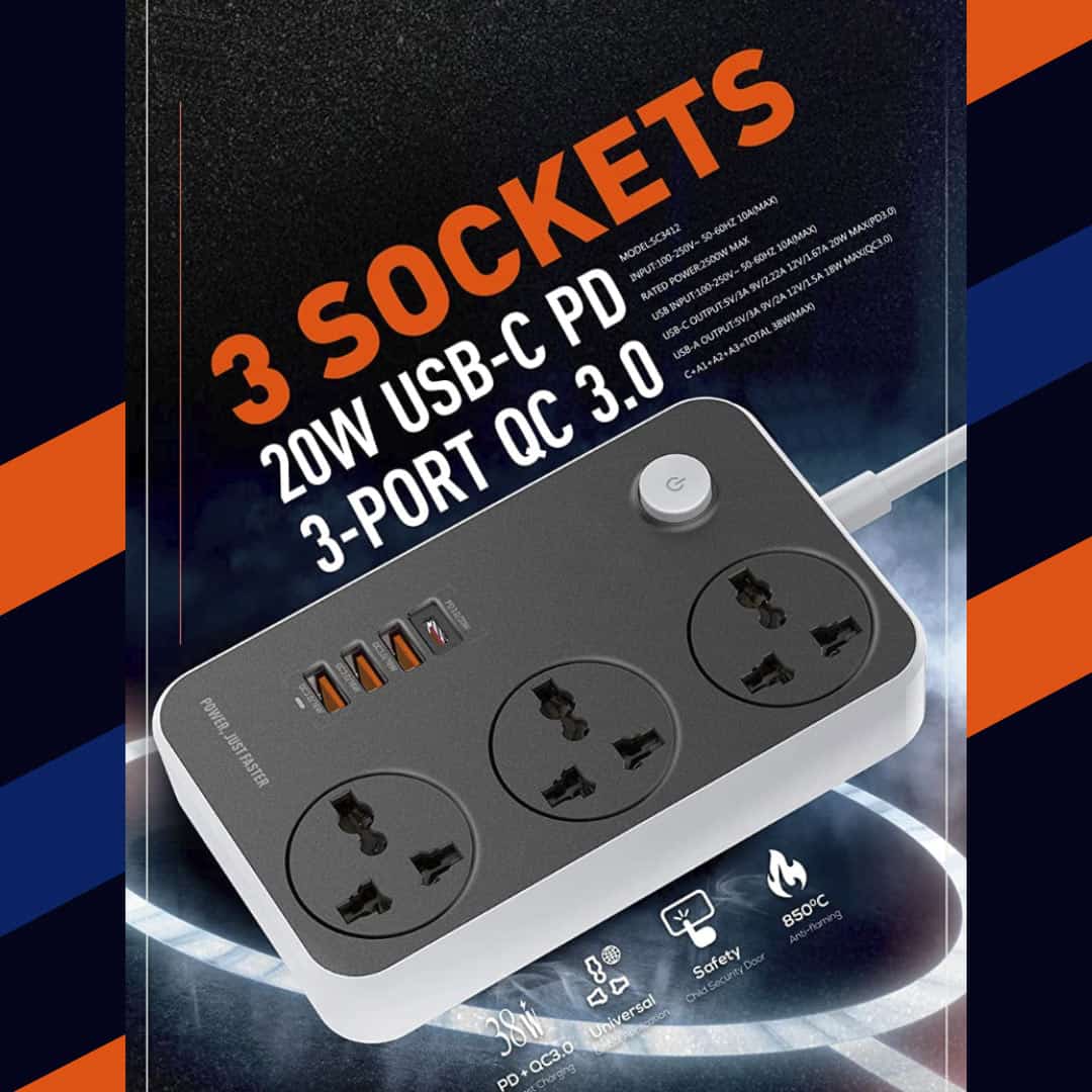 LDNIO 3 Sockets + 3 Port QC 3.0 + 1 20W USB C PD