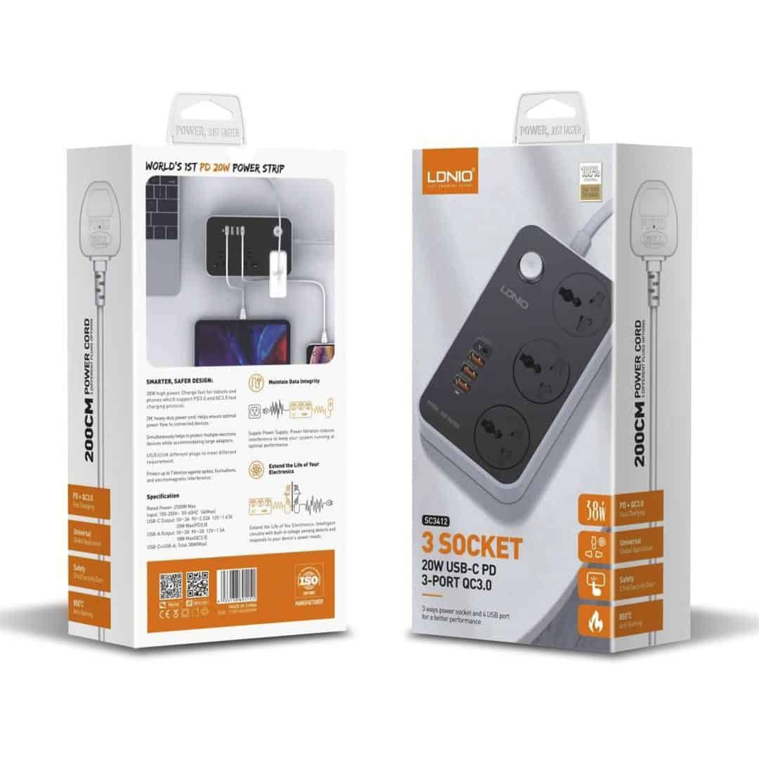Ldnio 2500W Power Strip Extension with 38W QC Type C USB Ports