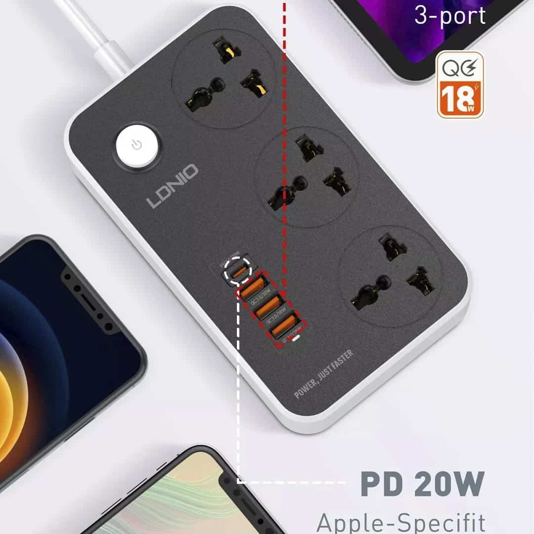 Ldnio 2500W Power Strip Extension with 38W QC Type C USB Ports