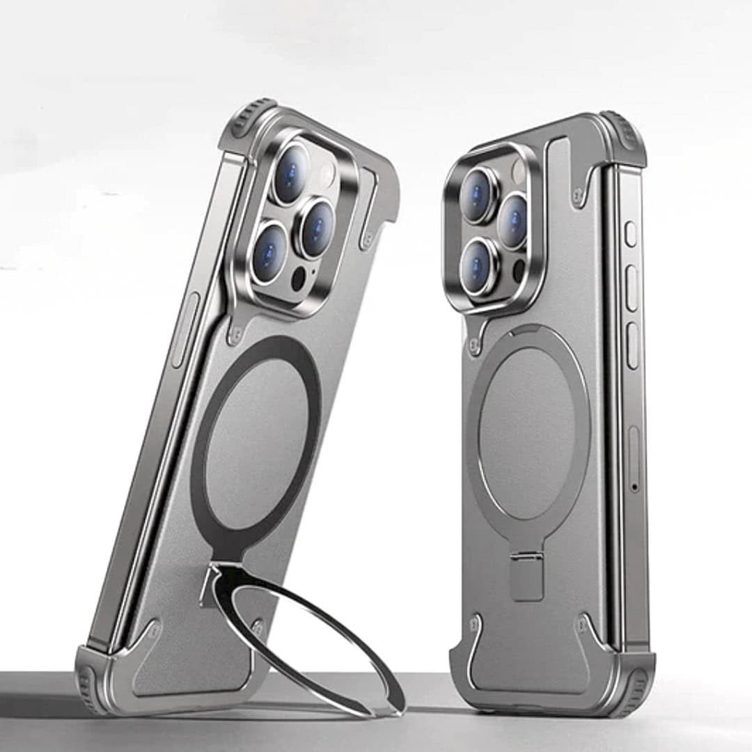 EvoEdge – Rimless Premium Leather & Aluminum Case with Magnetic Stand