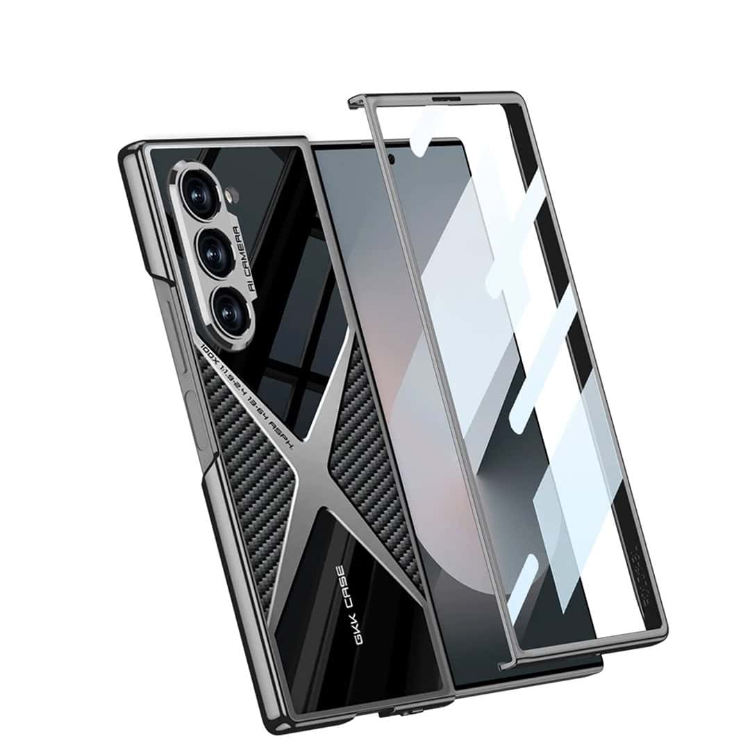 Sleek ‘X’ design – Hard Shell Glass Finish Carbon Fiber Case for Galaxy Z Fold 6
