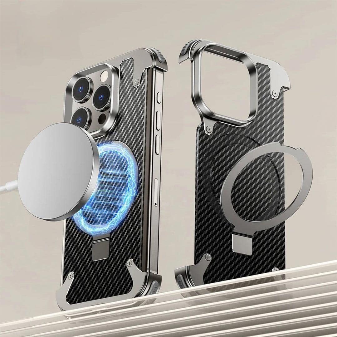 EvoEdge – Rimless Premium Leather & Aluminum Case with Magnetic Stand