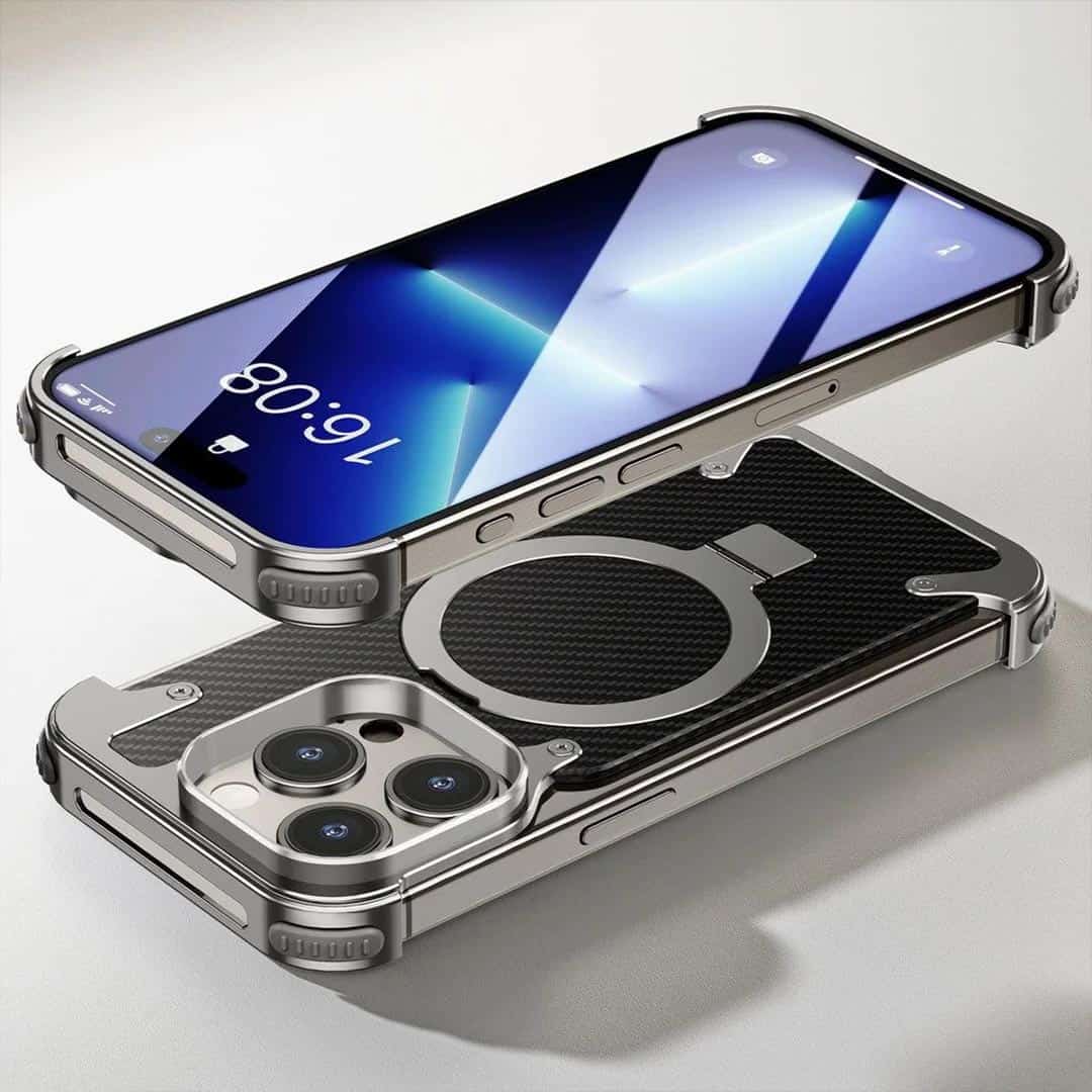 EvoEdge – Rimless Premium Leather & Aluminum Case with Magnetic Stand