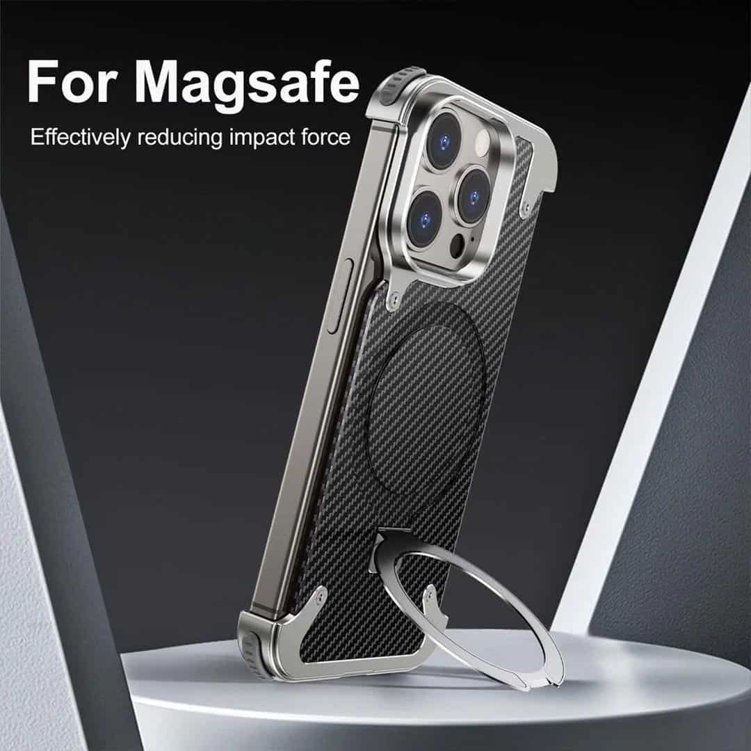 EvoEdge – Rimless Premium Leather & Aluminum Case with Magnetic Stand