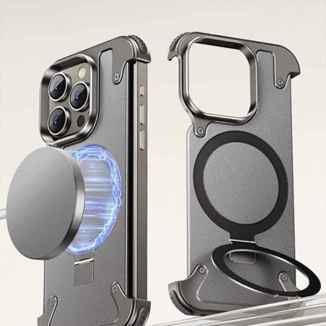 EvoEdge – Rimless Premium Leather & Aluminum Case with Magnetic Stand