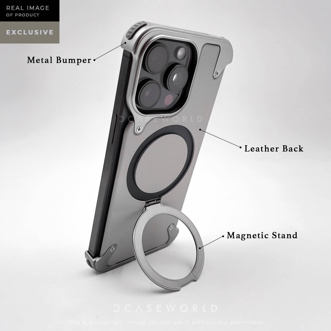 EvoEdge – Rimless Premium Leather & Aluminum Case with Magnetic Stand
