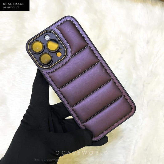 Deep Purple Puff Case with Golden Metal Camera Ring and Lens Glass