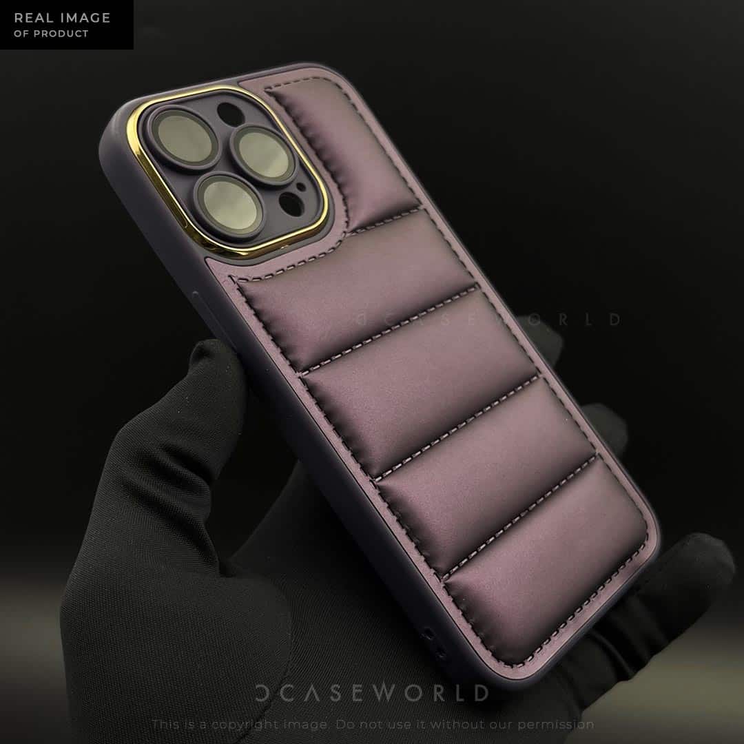 Deep Purple Puff Case with Golden Metal Camera Ring and Lens Glass
