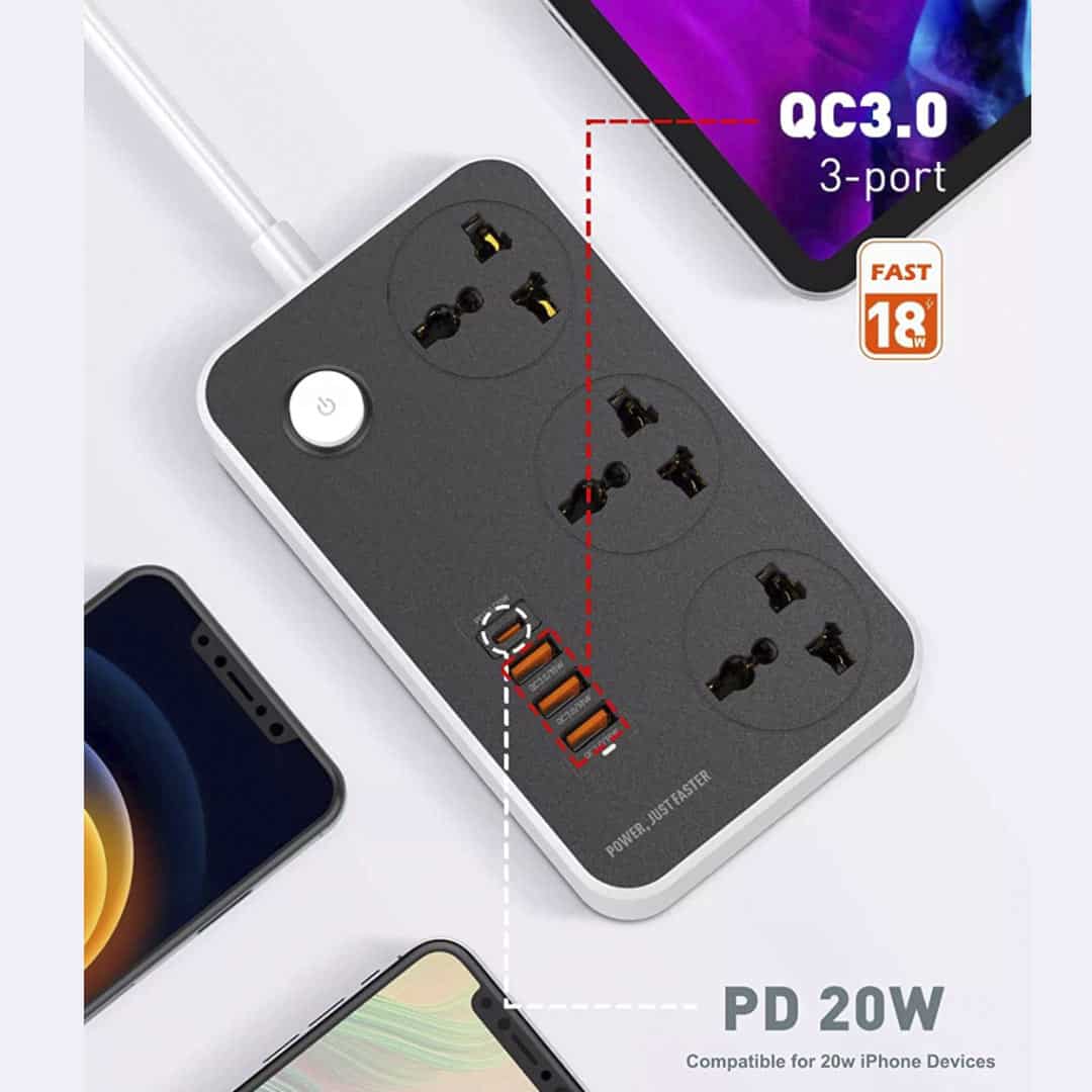 LDNIO 3 Sockets + 3 Port QC 3.0 + 1 20W USB C PD
