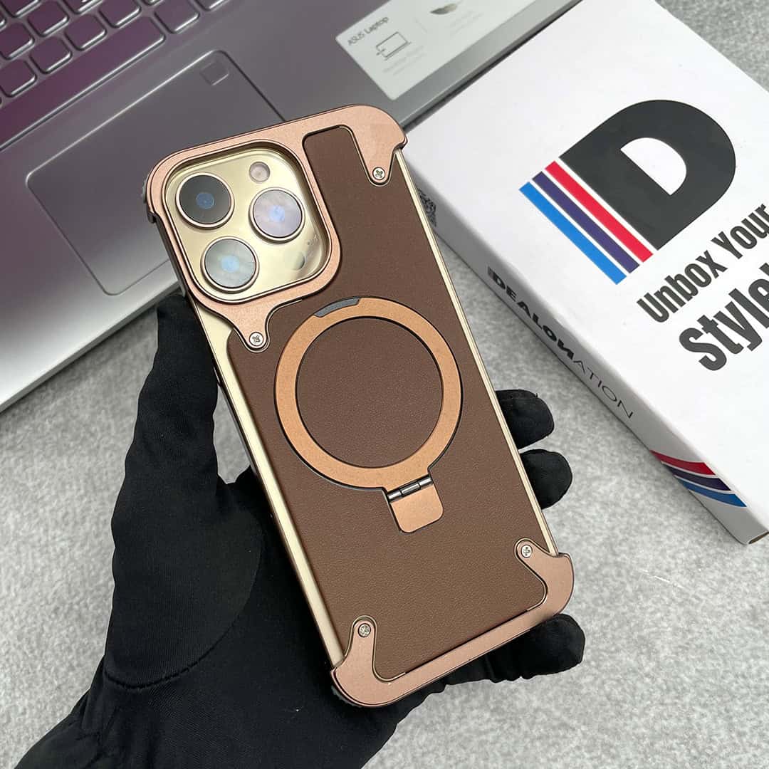 EvoEdge – Rimless Premium Leather & Aluminum Case with Magnetic Stand