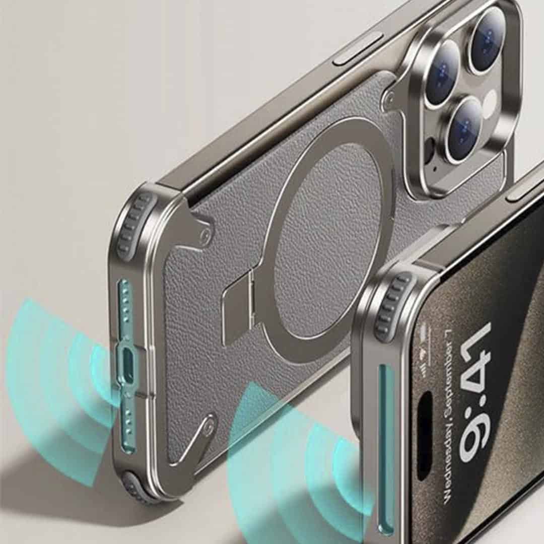 EvoEdge – Rimless Premium Leather & Aluminum Case with Magnetic Stand